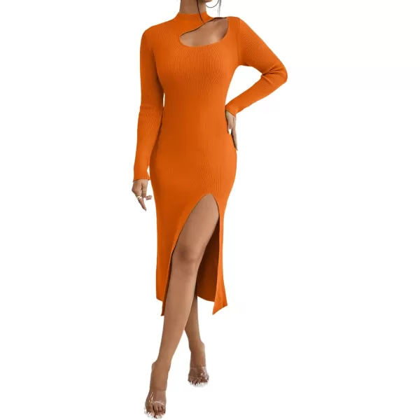 LYANER Women's Elegant Mock Neck Cutout Split Long Sleeve Cocktail Bodycon Midi Dresses