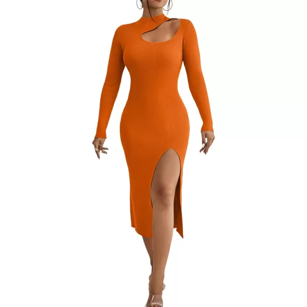 LYANER Women's Elegant Mock Neck Cutout Split Long Sleeve Cocktail Bodycon Midi Dresses