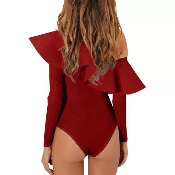 LYANER Women's Elegant Ruffled One Shoulder Long Sleeve Bodysuit Leotard Top