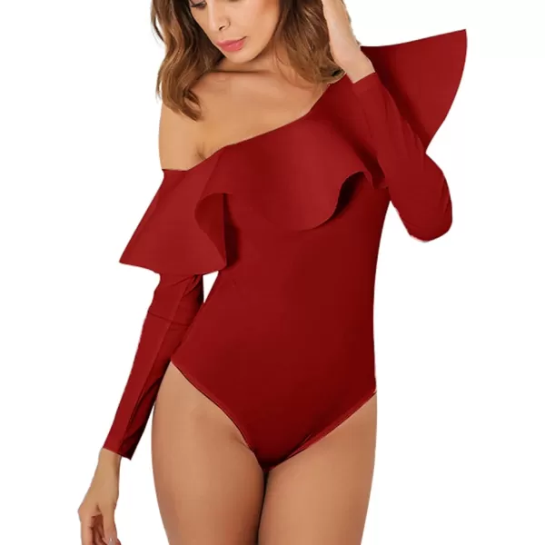 LYANER Women's Elegant Ruffled One Shoulder Long Sleeve Bodysuit Leotard Top