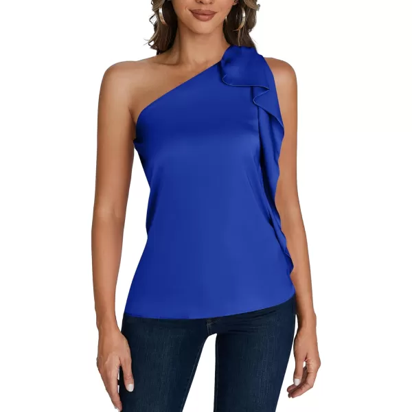 LYANER Women's Elegant Satin Ruffle One Shoulder Sleeveless Tunic Blouse Shirt Top