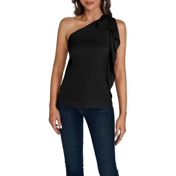 LYANER Women's Elegant Satin Ruffle One Shoulder Sleeveless Tunic Blouse Shirt Top