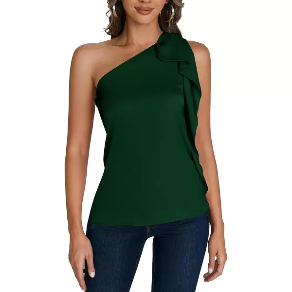 LYANER Women's Elegant Satin Ruffle One Shoulder Sleeveless Tunic Blouse Shirt Top