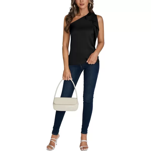 LYANER Women's Elegant Satin Ruffle One Shoulder Sleeveless Tunic Blouse Shirt Top