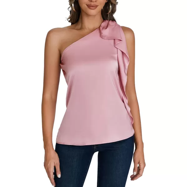 LYANER Women's Elegant Satin Ruffle One Shoulder Sleeveless Tunic Blouse Shirt Top