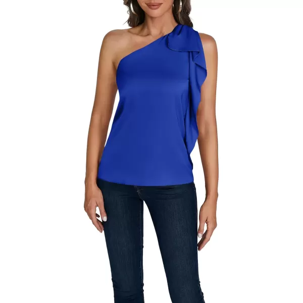 LYANER Women's Elegant Satin Ruffle One Shoulder Sleeveless Tunic Blouse Shirt Top