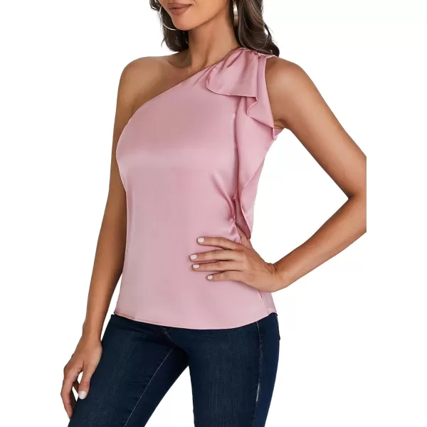 LYANER Women's Elegant Satin Ruffle One Shoulder Sleeveless Tunic Blouse Shirt Top