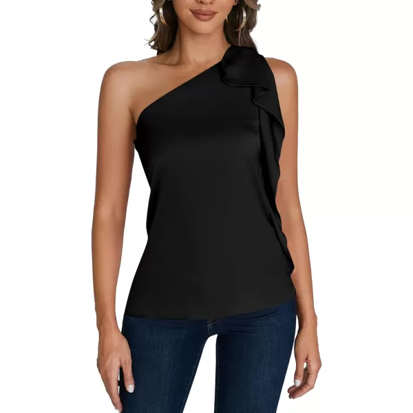 LYANER Women's Elegant Satin Ruffle One Shoulder Sleeveless Tunic Blouse Shirt Top