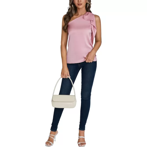 LYANER Women's Elegant Satin Ruffle One Shoulder Sleeveless Tunic Blouse Shirt Top