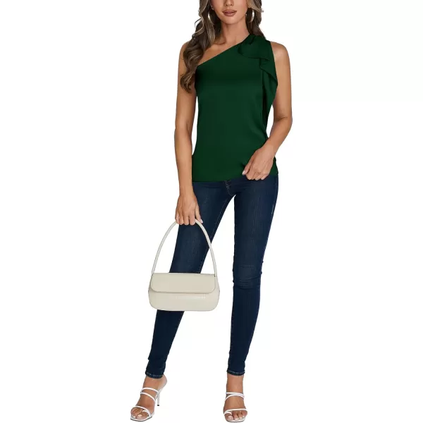 LYANER Women's Elegant Satin Ruffle One Shoulder Sleeveless Tunic Blouse Shirt Top
