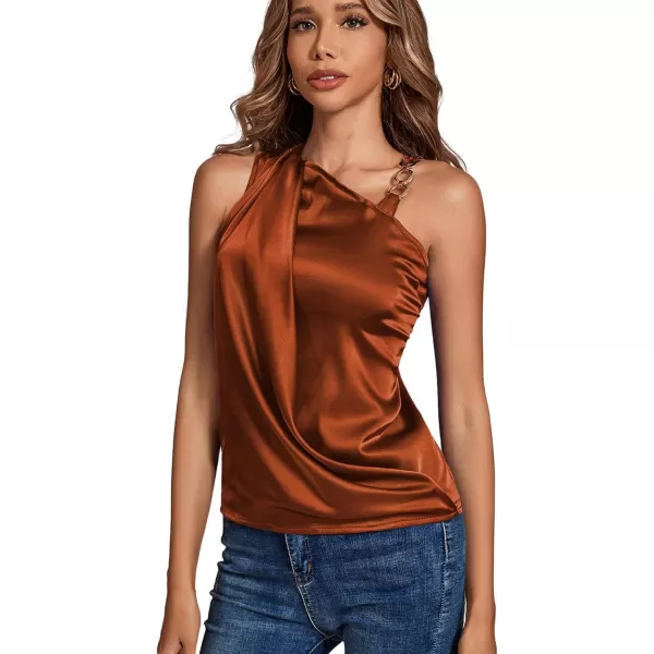 LYANER Women's Elegant Satin Silky One Shoulder Drape Front Sleeveless Blouse Shirt Tops