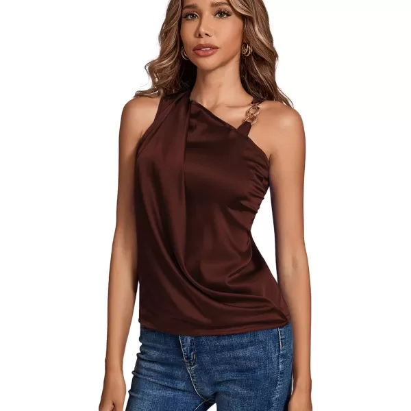 LYANER Women's Elegant Satin Silky One Shoulder Drape Front Sleeveless Blouse Shirt Tops