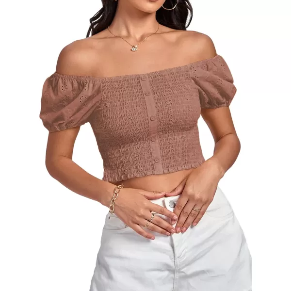 LYANER Women's Eyelet Embroidery Square Neck Puff Short Sleeve Shirred Buttom Crop Top