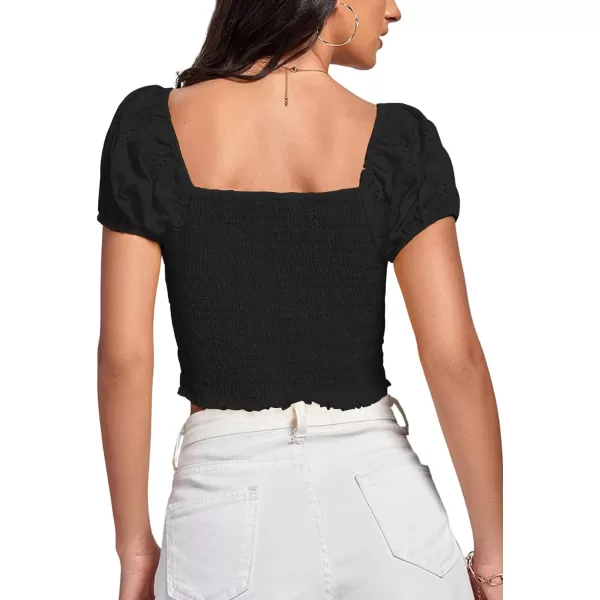 LYANER Women's Eyelet Embroidery Square Neck Puff Short Sleeve Shirred Buttom Crop Top