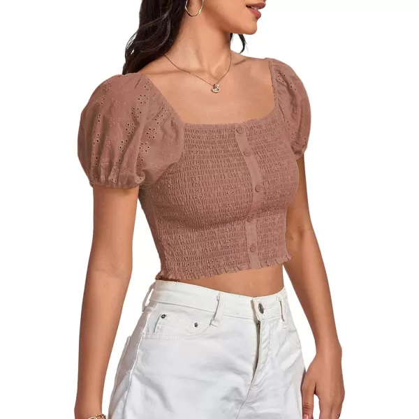 LYANER Women's Eyelet Embroidery Square Neck Puff Short Sleeve Shirred Buttom Crop Top