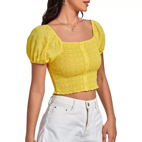 LYANER Women's Eyelet Embroidery Square Neck Puff Short Sleeve Shirred Buttom Crop Top