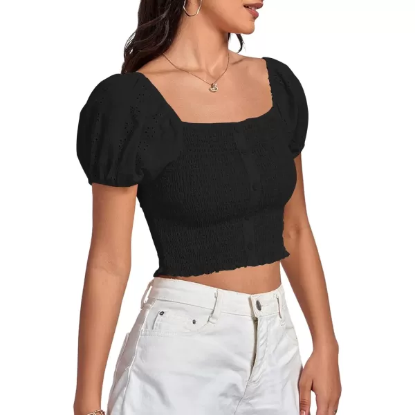 LYANER Women's Eyelet Embroidery Square Neck Puff Short Sleeve Shirred Buttom Crop Top
