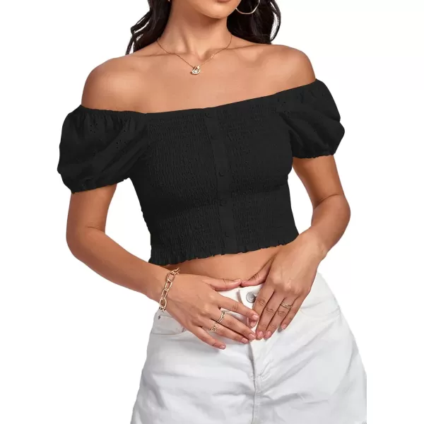 LYANER Women's Eyelet Embroidery Square Neck Puff Short Sleeve Shirred Buttom Crop Top