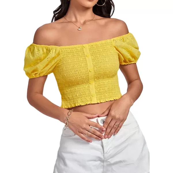 LYANER Women's Eyelet Embroidery Square Neck Puff Short Sleeve Shirred Buttom Crop Top