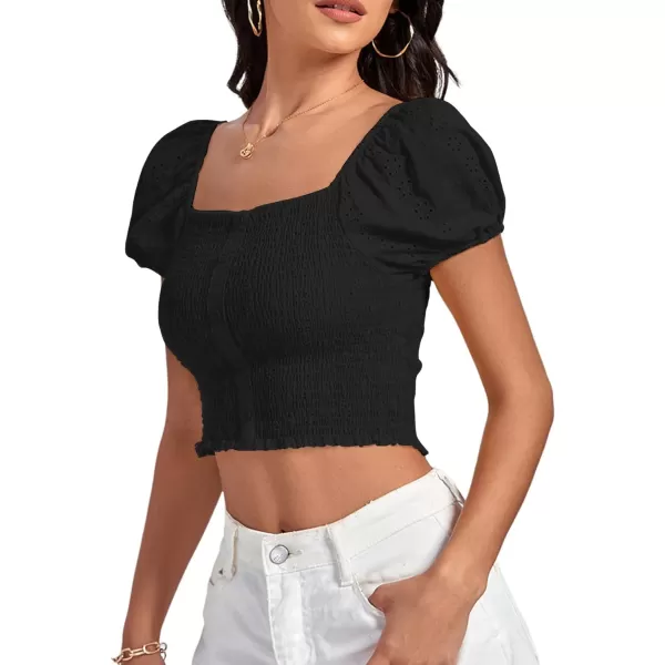 LYANER Women's Eyelet Embroidery Square Neck Puff Short Sleeve Shirred Buttom Crop Top