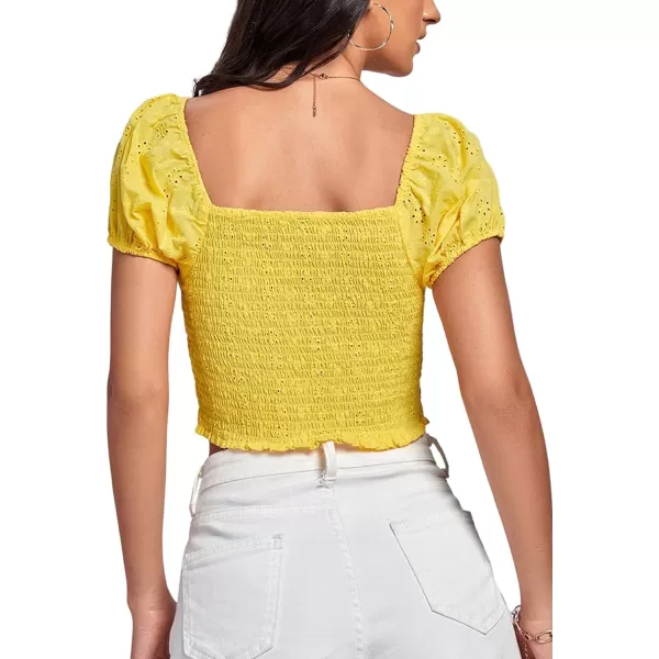 LYANER Women's Eyelet Embroidery Square Neck Puff Short Sleeve Shirred Buttom Crop Top