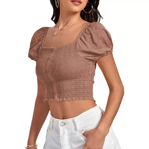 LYANER Women's Eyelet Embroidery Square Neck Puff Short Sleeve Shirred Buttom Crop Top