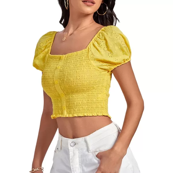 LYANER Women's Eyelet Embroidery Square Neck Puff Short Sleeve Shirred Buttom Crop Top