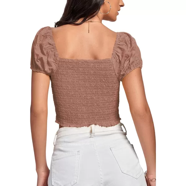 LYANER Women's Eyelet Embroidery Square Neck Puff Short Sleeve Shirred Buttom Crop Top