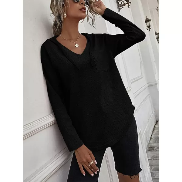 LYANER Women's Fashion V Neck Long Sleeve Waffle Hoodies Sweatshirt with Pocket