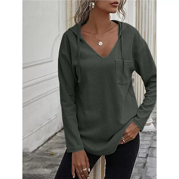LYANER Women's Fashion V Neck Long Sleeve Waffle Hoodies Sweatshirt with Pocket