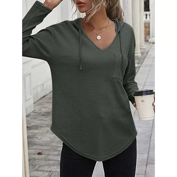 LYANER Women's Fashion V Neck Long Sleeve Waffle Hoodies Sweatshirt with Pocket