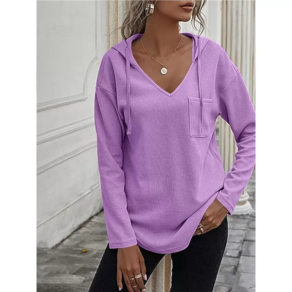 LYANER Women's Fashion V Neck Long Sleeve Waffle Hoodies Sweatshirt with Pocket
