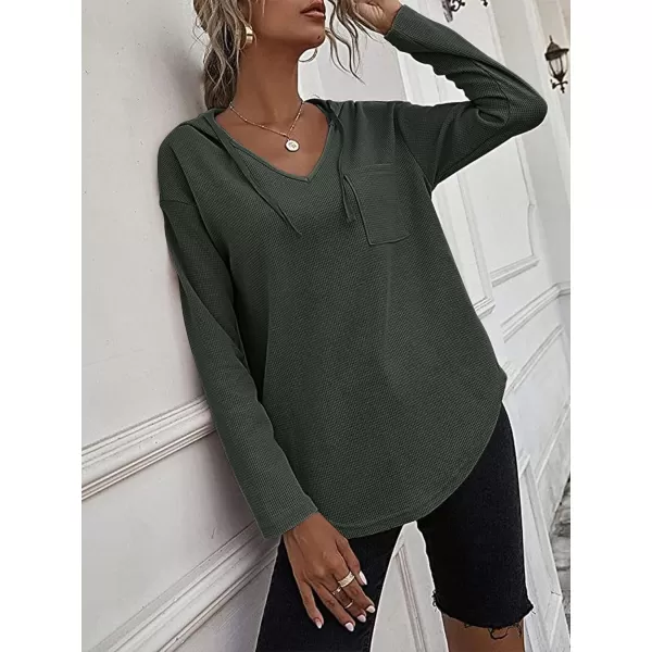LYANER Women's Fashion V Neck Long Sleeve Waffle Hoodies Sweatshirt with Pocket