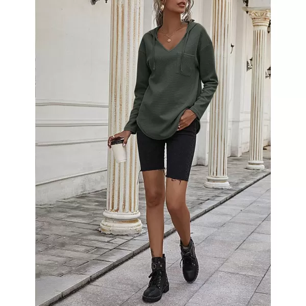 LYANER Women's Fashion V Neck Long Sleeve Waffle Hoodies Sweatshirt with Pocket