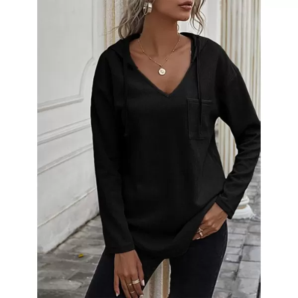LYANER Women's Fashion V Neck Long Sleeve Waffle Hoodies Sweatshirt with Pocket