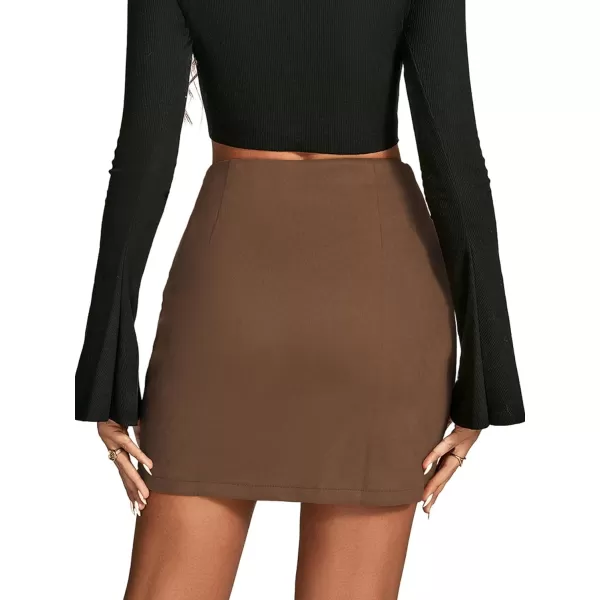 LYANER Women's Faux Suede Solid High Waist Twist-Front Zipper Mini A-Line Short Skirt