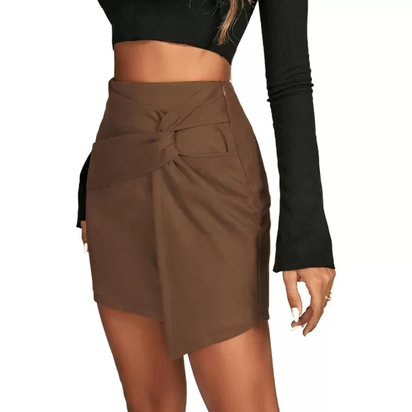 LYANER Women's Faux Suede Solid High Waist Twist-Front Zipper Mini A-Line Short Skirt