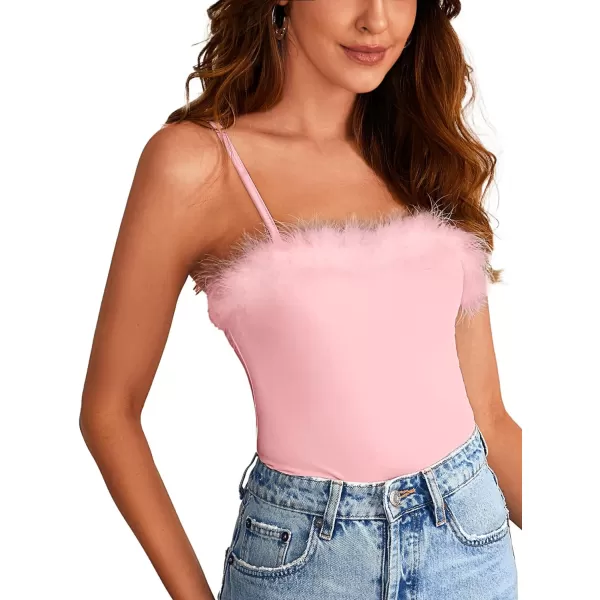 LYANER Women’s Feather Trim Spaghetti Strap Basic Sleeveless Tube Top Crop Cami Top