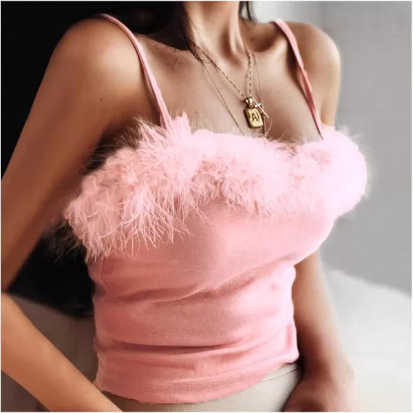 LYANER Women’s Feather Trim Spaghetti Strap Basic Sleeveless Tube Top Crop Cami Top