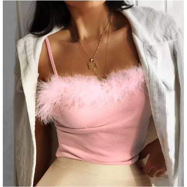 LYANER Women’s Feather Trim Spaghetti Strap Basic Sleeveless Tube Top Crop Cami Top