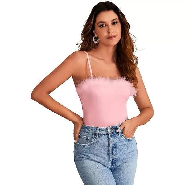 LYANER Women’s Feather Trim Spaghetti Strap Basic Sleeveless Tube Top Crop Cami Top