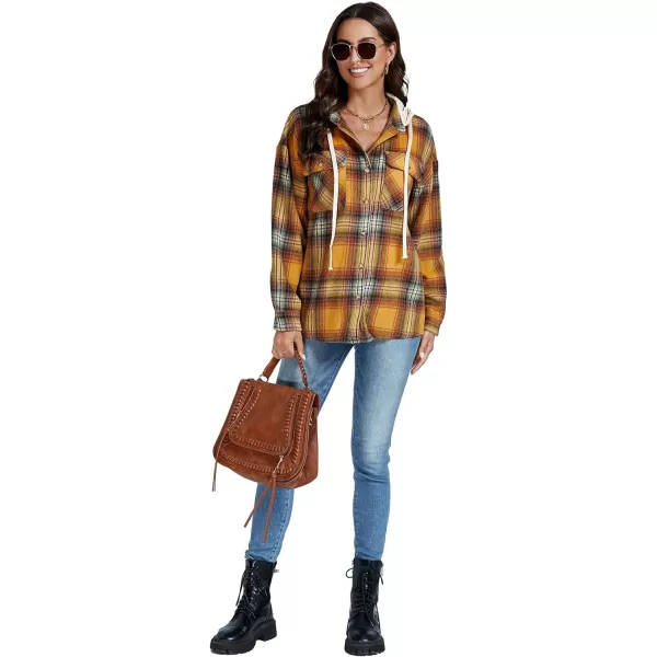 LYANER Women's Flannel Plaid Button Drawstring Hoodies Long Sleeve Blouse Shirt Jacket