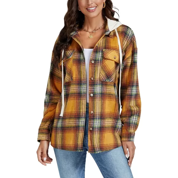 LYANER Women's Flannel Plaid Button Drawstring Hoodies Long Sleeve Blouse Shirt Jacket