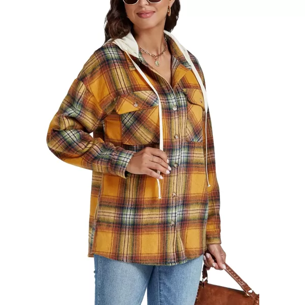 LYANER Women's Flannel Plaid Button Drawstring Hoodies Long Sleeve Blouse Shirt Jacket