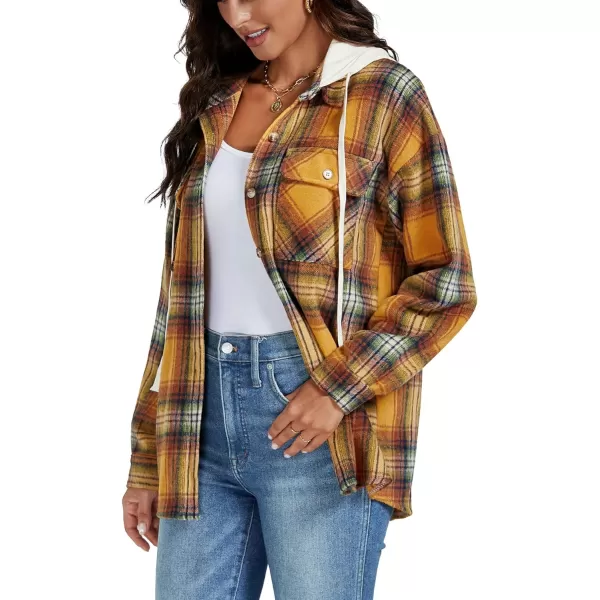 LYANER Women's Flannel Plaid Button Drawstring Hoodies Long Sleeve Blouse Shirt Jacket