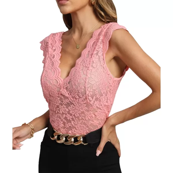LYANER Women's Floral Lace Scallop V Neck Sleeveless Sheer Sexy Tank Top Blouse