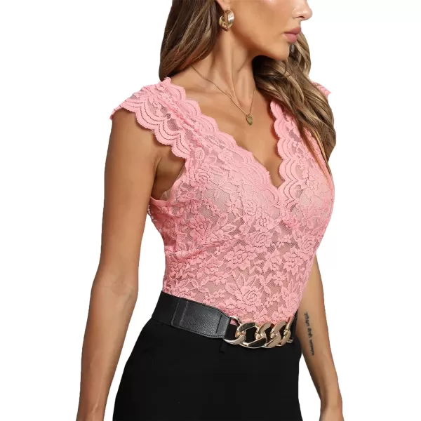 LYANER Women's Floral Lace Scallop V Neck Sleeveless Sheer Sexy Tank Top Blouse