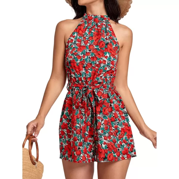 LYANER Women's Floral Print Halter Neck Tie Back Belt Sleeveless Romper Short Jumpsuit