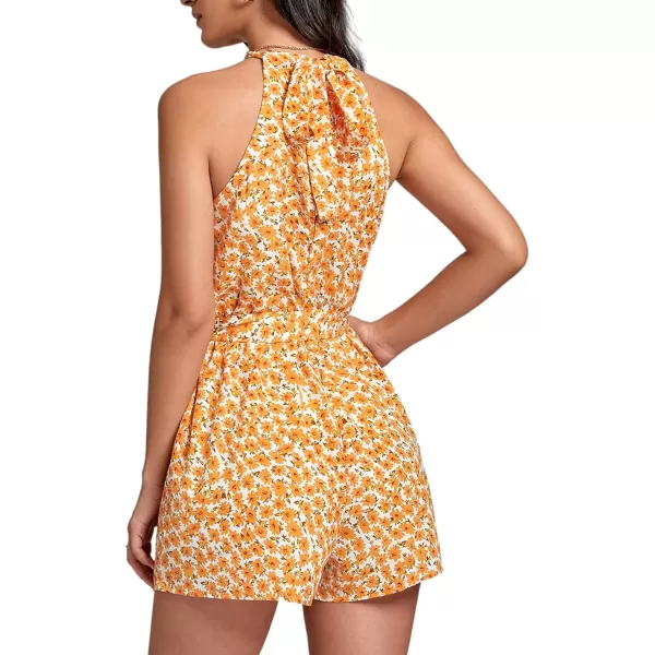 LYANER Women's Floral Print Halter Neck Tie Back Belt Sleeveless Romper Short Jumpsuit