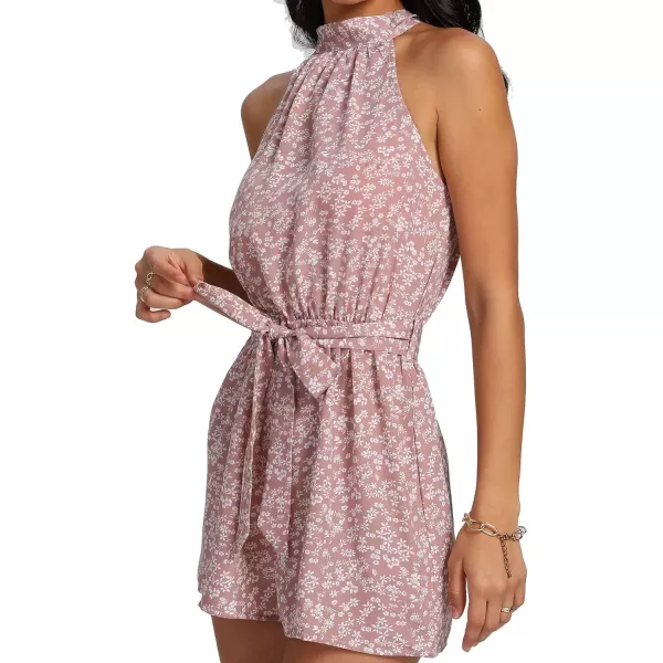 LYANER Women's Floral Print Halter Neck Tie Back Belt Sleeveless Romper Short Jumpsuit